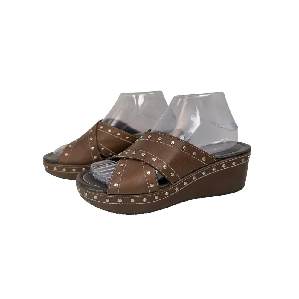 Donald J Pliner Syra‎ Dark Brown Leather Platform Studded Wedge Sandal Sz 8.5